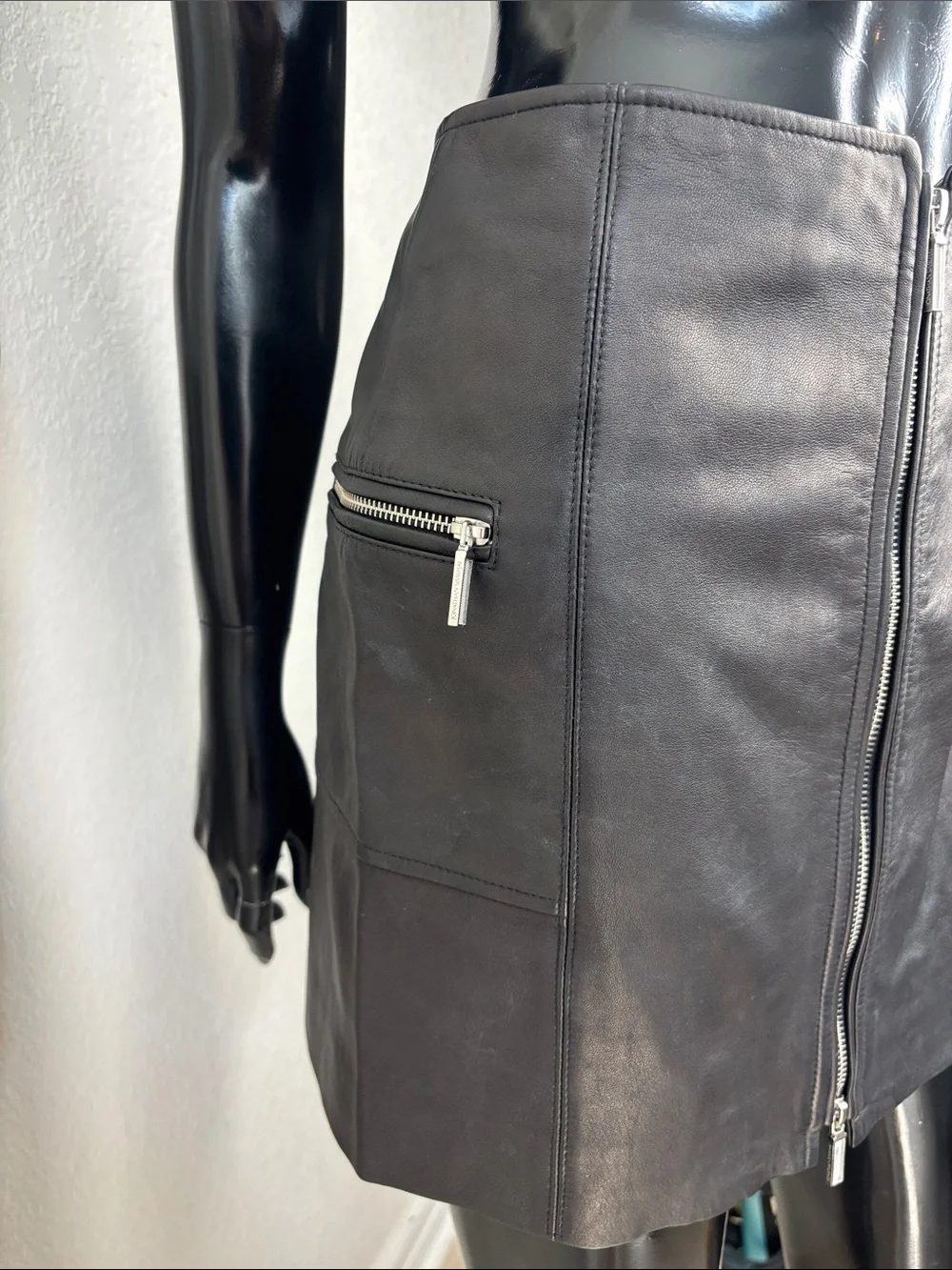 Jonathan Simkhai Black Lamb Leather Front-Zip Mini Skirt